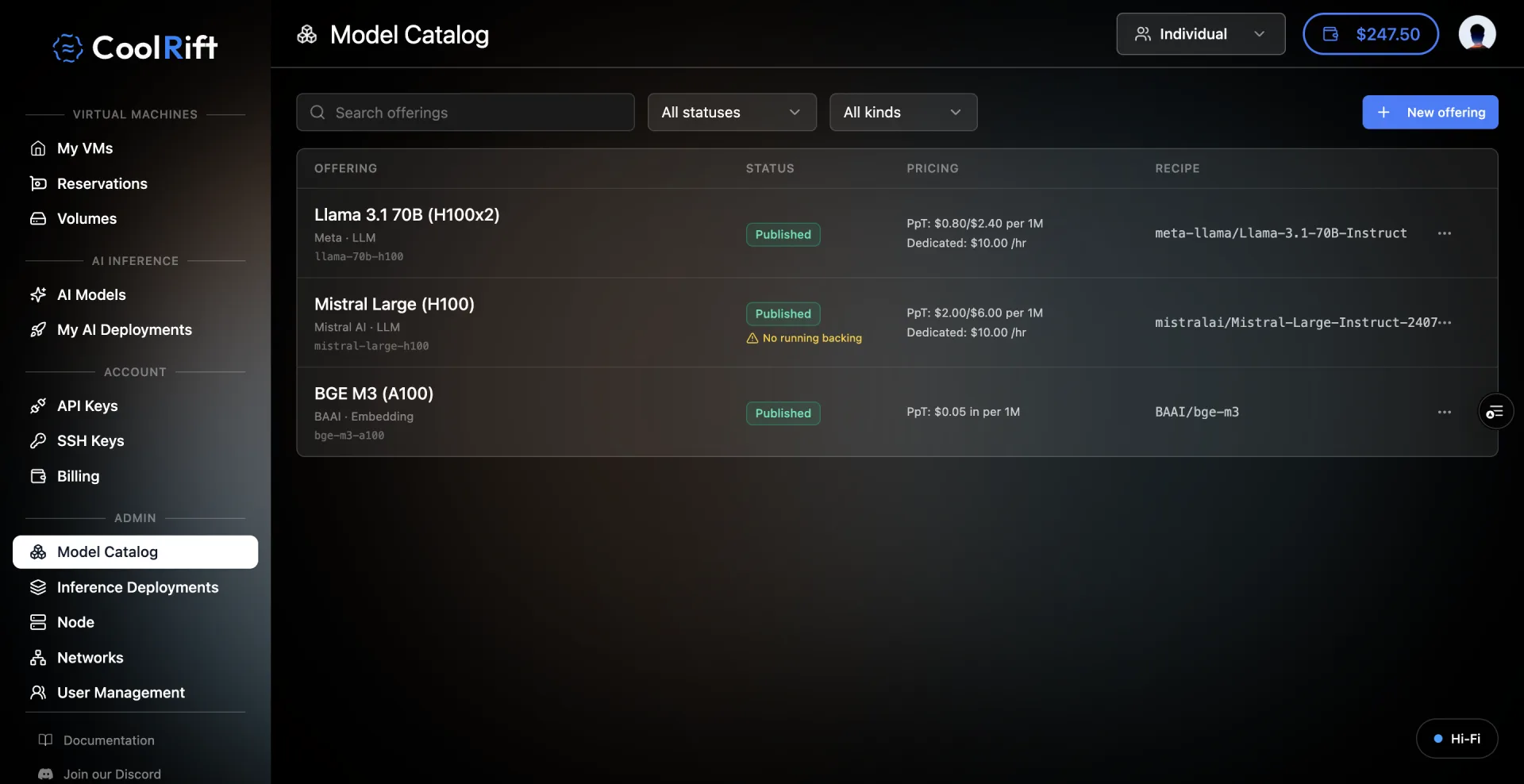 The admin Model Catalog before the merge, with My AI Deployments and Inference Deployments as separate sidebar items
