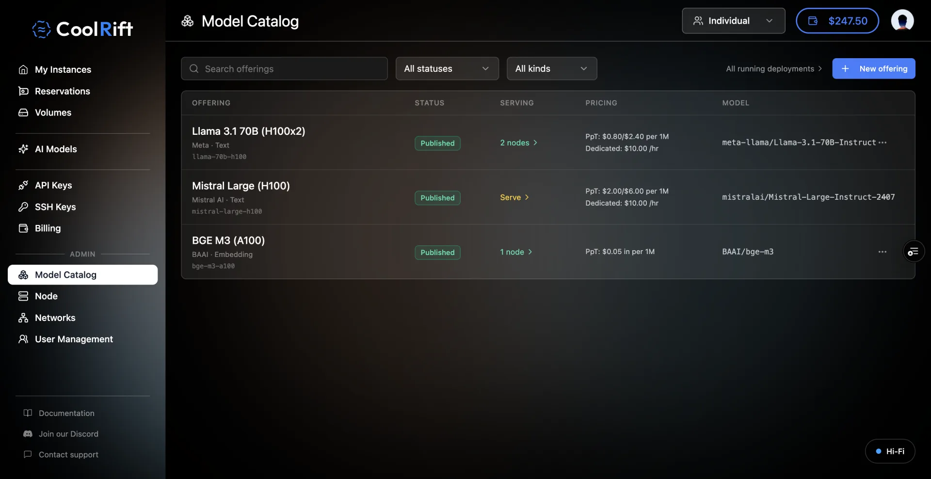 The final Model Catalog: one admin table with offering, status, serving, pricing and model columns
