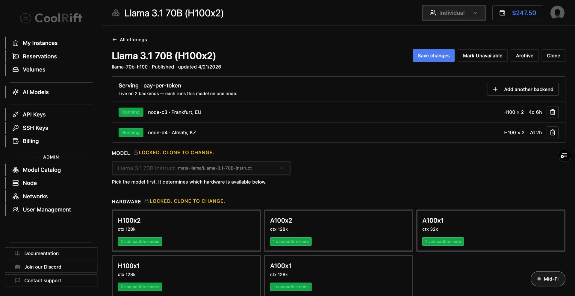 Mid-fidelity offering detail for Llama 3.1 70B: a pay-per-token serving section listing two running backends in Frankfurt and Almaty with an Add another backend button