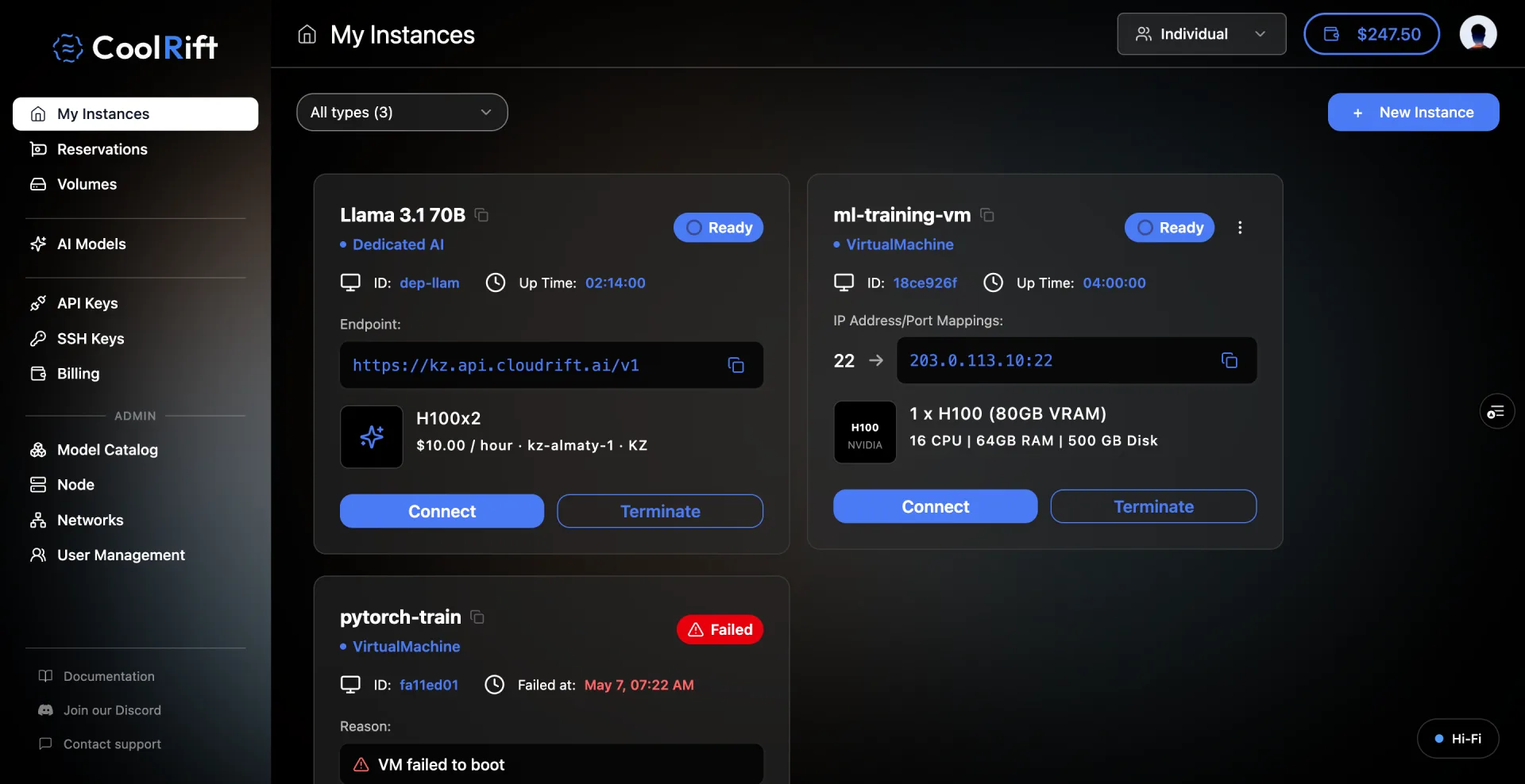 The My Instances dashboard with a dedicated AI deployment card sitting in the same grid as virtual machine cards