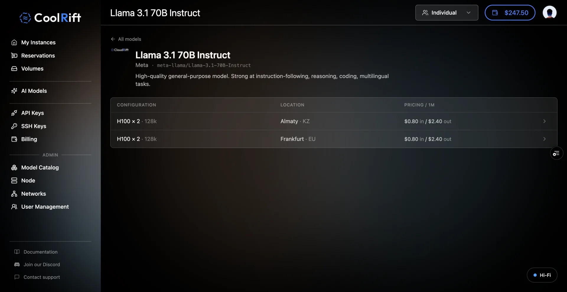 The customer-facing Llama 3.1 70B Instruct page listing configuration by location rows priced per million tokens
