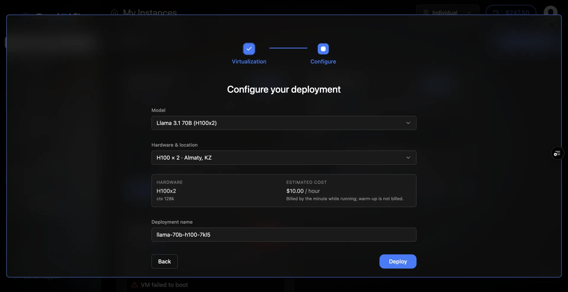 The dedicated configure step in the rental wizard: model, hardware and location, estimated hourly cost and a deployment name field