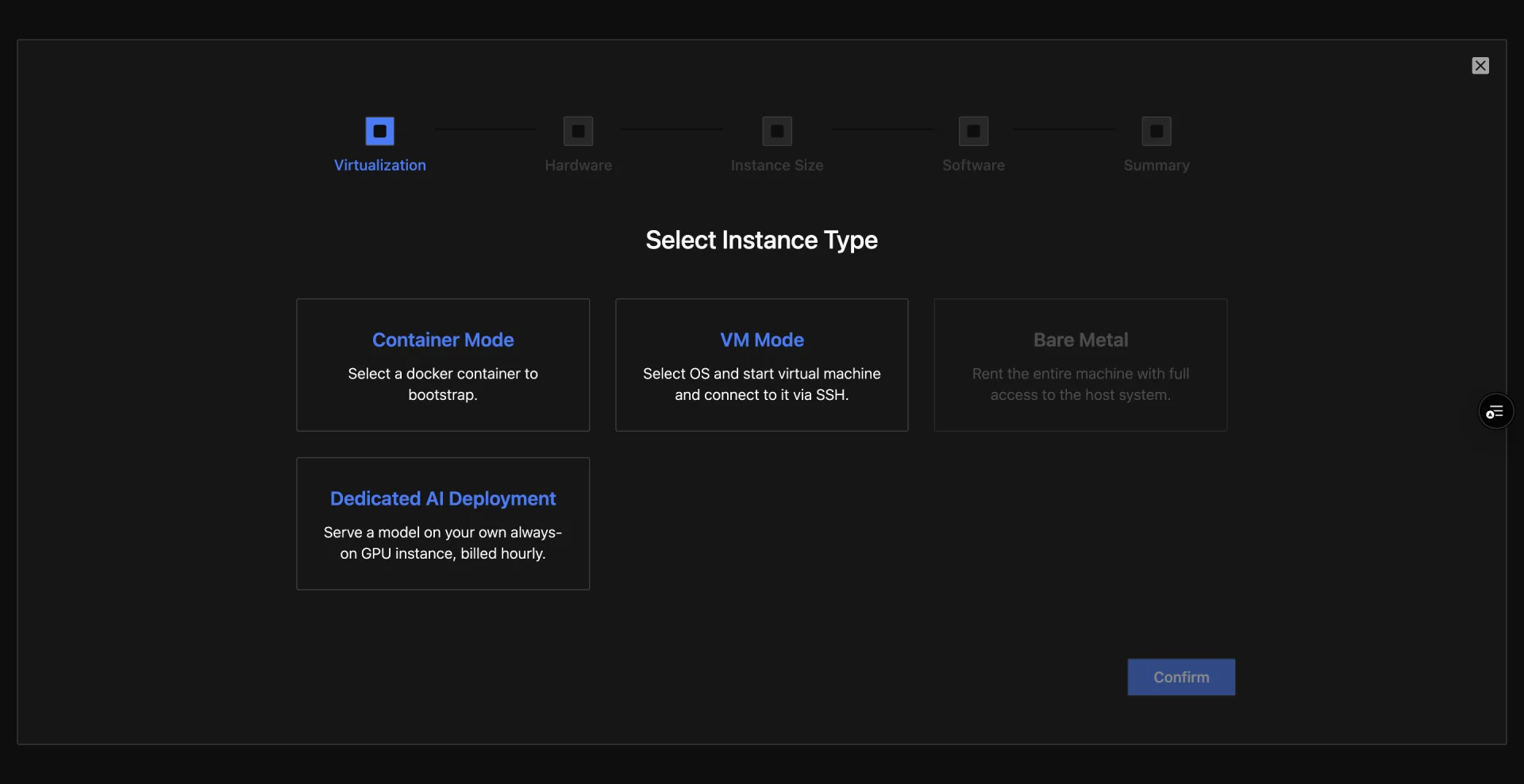 Mid-fidelity rental wizard first step with four instance type cards: Container Mode, VM Mode, Bare Metal and Dedicated AI Deployment