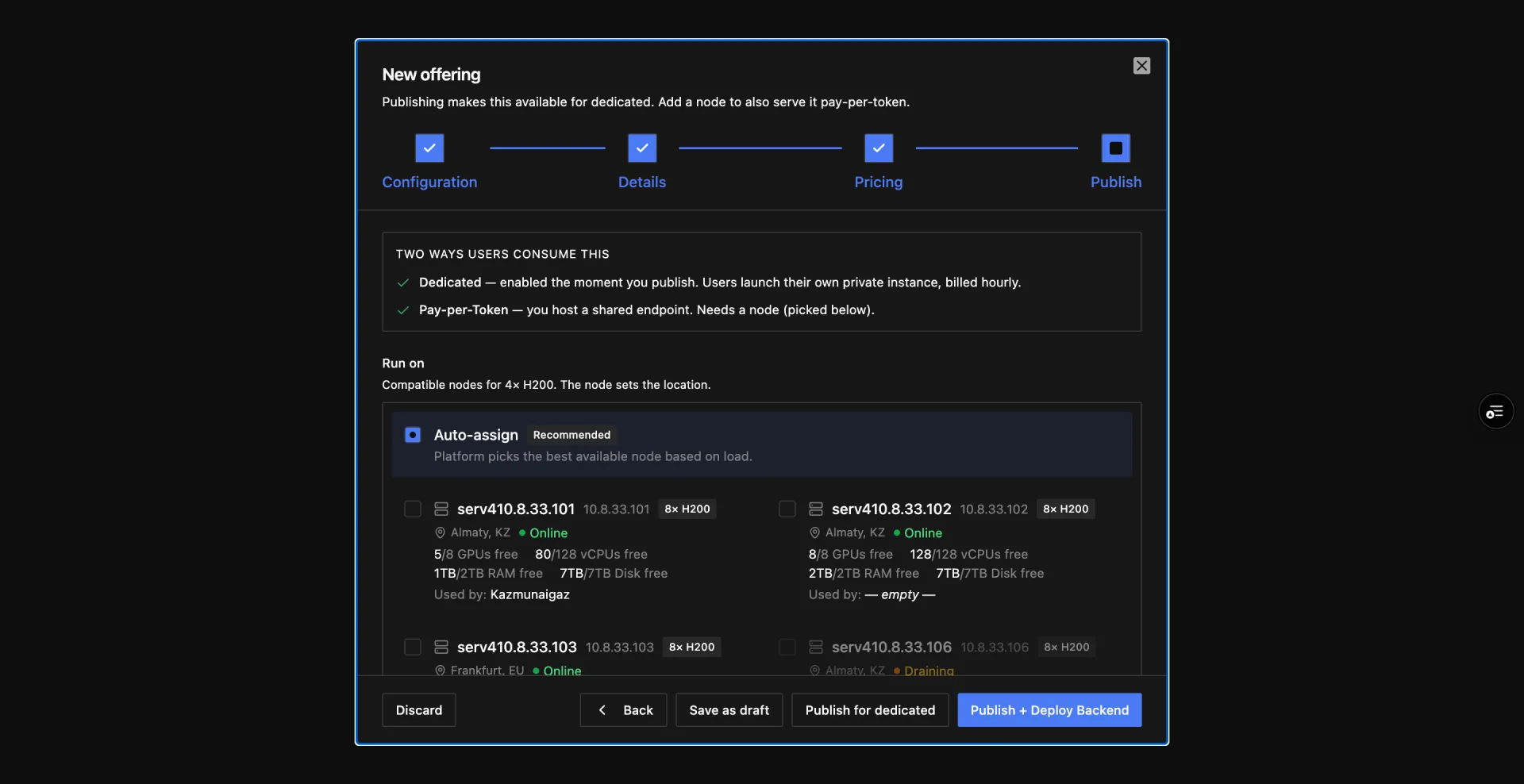 Mid-fidelity publish step of the New offering wizard, summarizing the dedicated and pay-per-token consumption channels above a node picker and outcome-named exit buttons