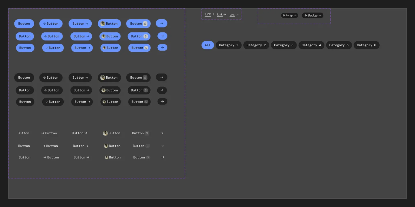 Button matrix in Figma showing primary, secondary, and ghost variants with arrow, avatar, and shortcut states, plus link, badge, and category chips