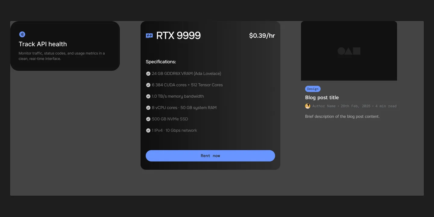 Card components in Figma: a feature card, a GPU pricing card listing RTX 9999 specifications at an hourly rate, and a blog post card