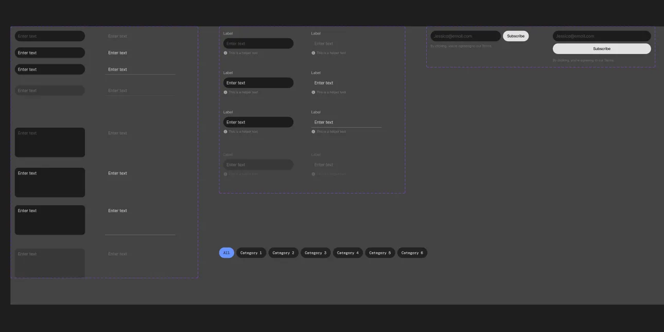 Form inputs in Figma across default, filled, focused, and disabled states, with labels and helper text