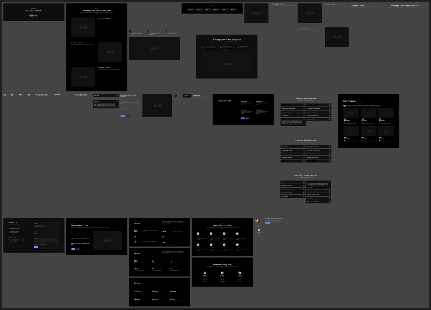 An overview of section components in Figma: FAQ accordions, blog grids, contact blocks, team sections, and feature layouts