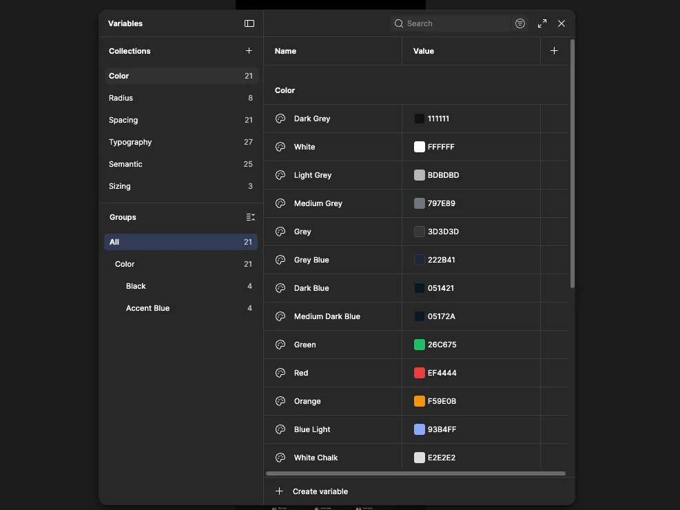 The Figma variables panel with collections for color, radius, spacing, typography, semantic, and sizing, showing the color primitives with hex values