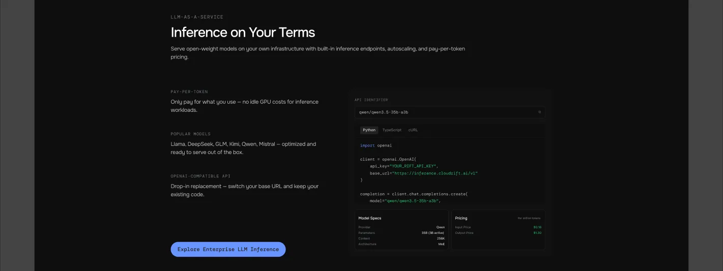 Inference on Your Terms section with an OpenAI-compatible code snippet and model specs panel