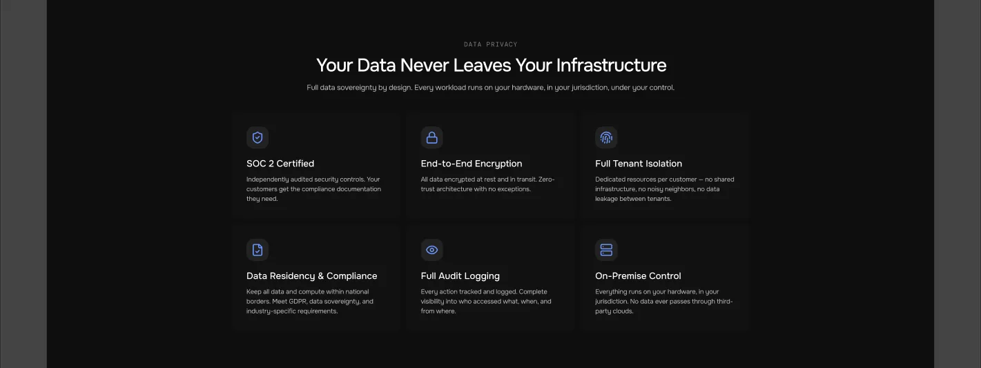 Your Data Never Leaves Your Infrastructure section with six sovereignty cards including SOC 2, encryption, and data residency