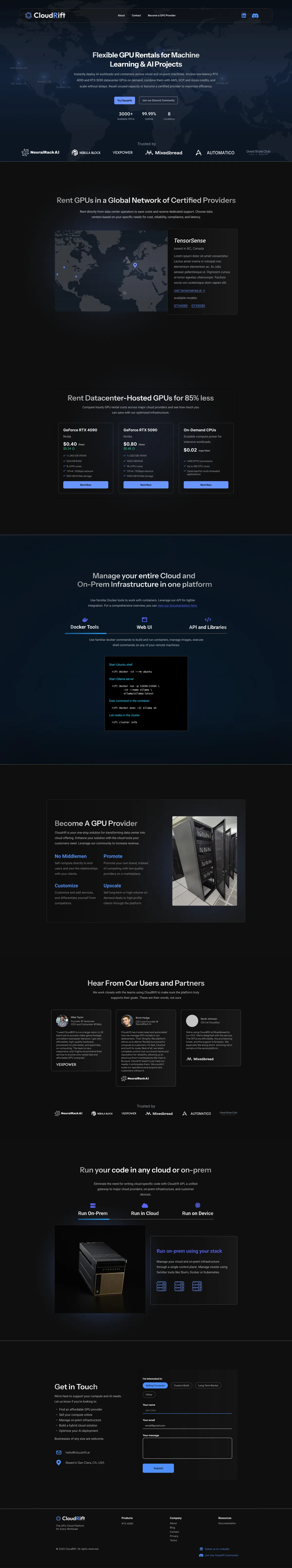 The April 2025 first-attempt landing page in Figma: Flexible GPU Rentals for Machine Learning and AI Projects over a dark world map of certified providers