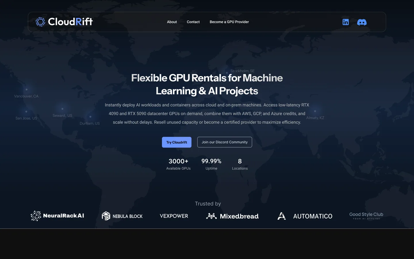 The April 2025 hero: the headline Flexible GPU Rentals for Machine Learning and AI Projects over a dark world map, with a Become a GPU Provider link in the navigation and a Trusted by logo row below