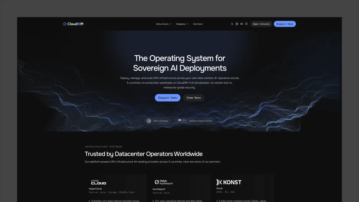 The rebuilt cloudrift.ai hero: The Operating System for Sovereign AI Deployments over a dark lightning visual, with demo and docs buttons