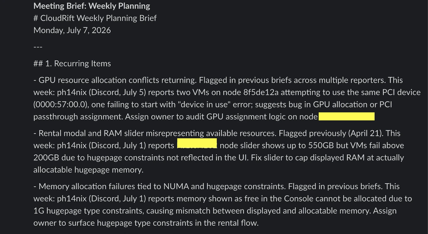 Excerpt of an auto-generated Weekly Planning brief in Slack listing recurring customer issues, with names redacted