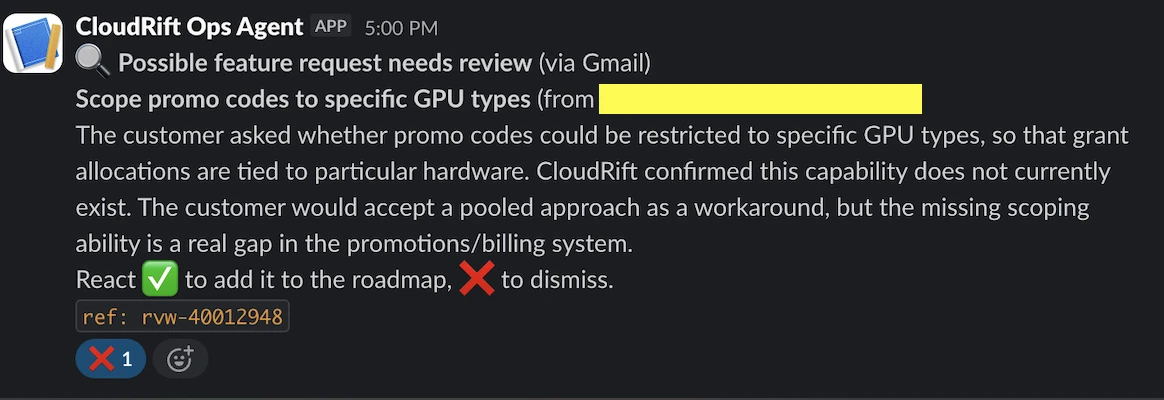 Slack message from the review bot proposing the feature request 'Scope promo codes to specific GPU types', with instructions to react with a check mark to add it to the roadmap or an x to dismiss