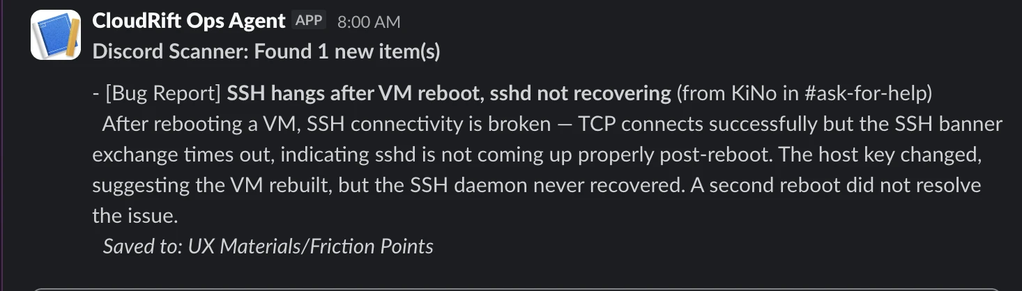 Slack message from the Discord scanner reporting one new friction point, an SSH bug from a community member, saved to the Friction Points folder in Drive