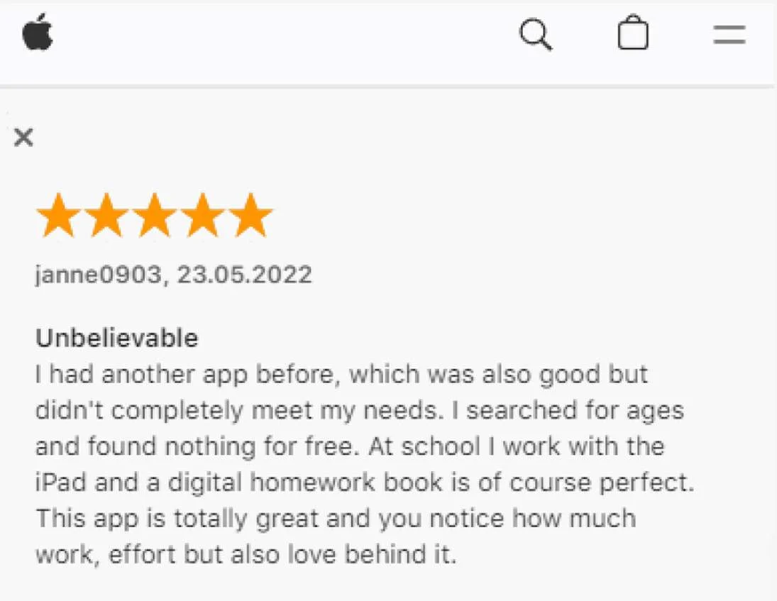 A five-star App Store review praising the app