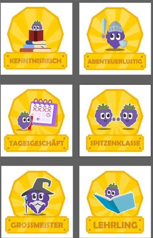 Six achievement badge designs with German labels, from Lehrling (Apprentice) to Grossmeister (Grand Master)