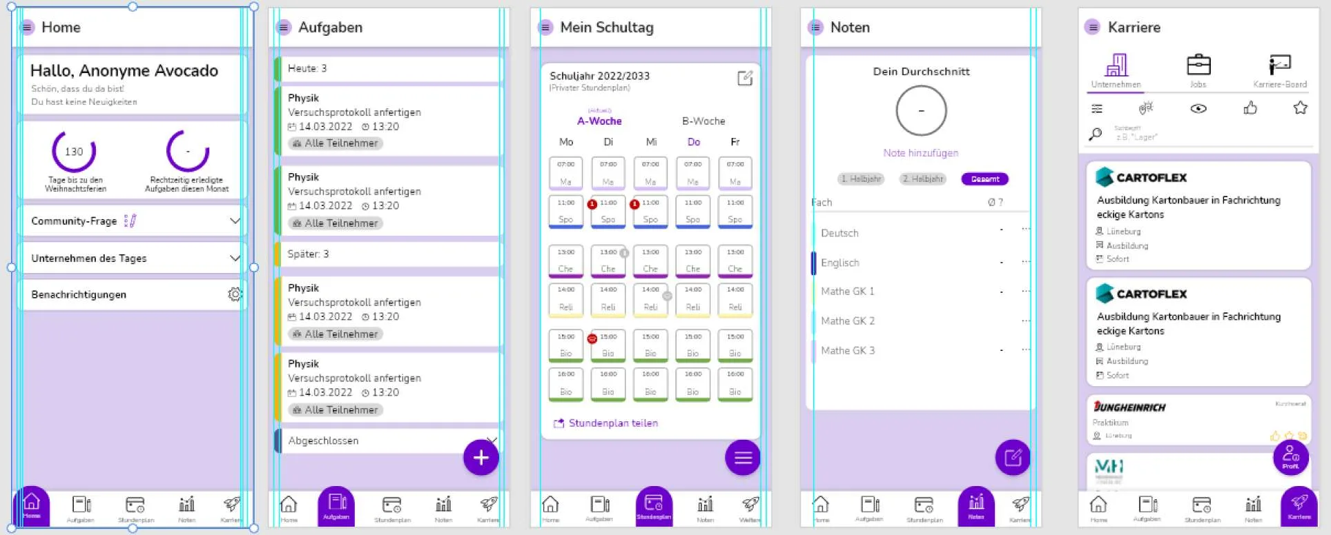 Five screens of the student app before the engagement work: home, tasks, timetable, grades, and careers