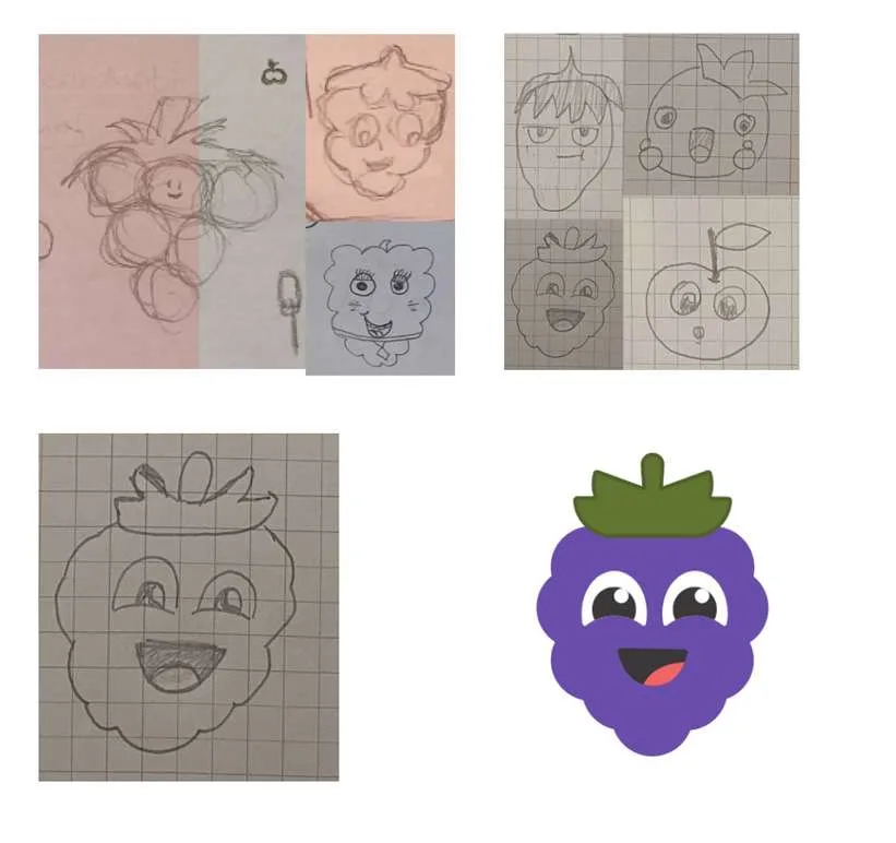 Pencil sketches of early berry character ideas next to the final colored berry illustration