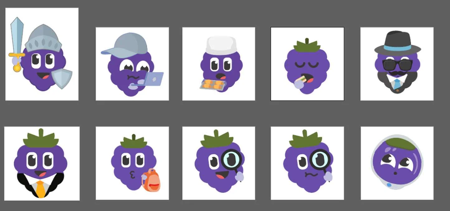 Berry the mascot in ten different outfits and moods