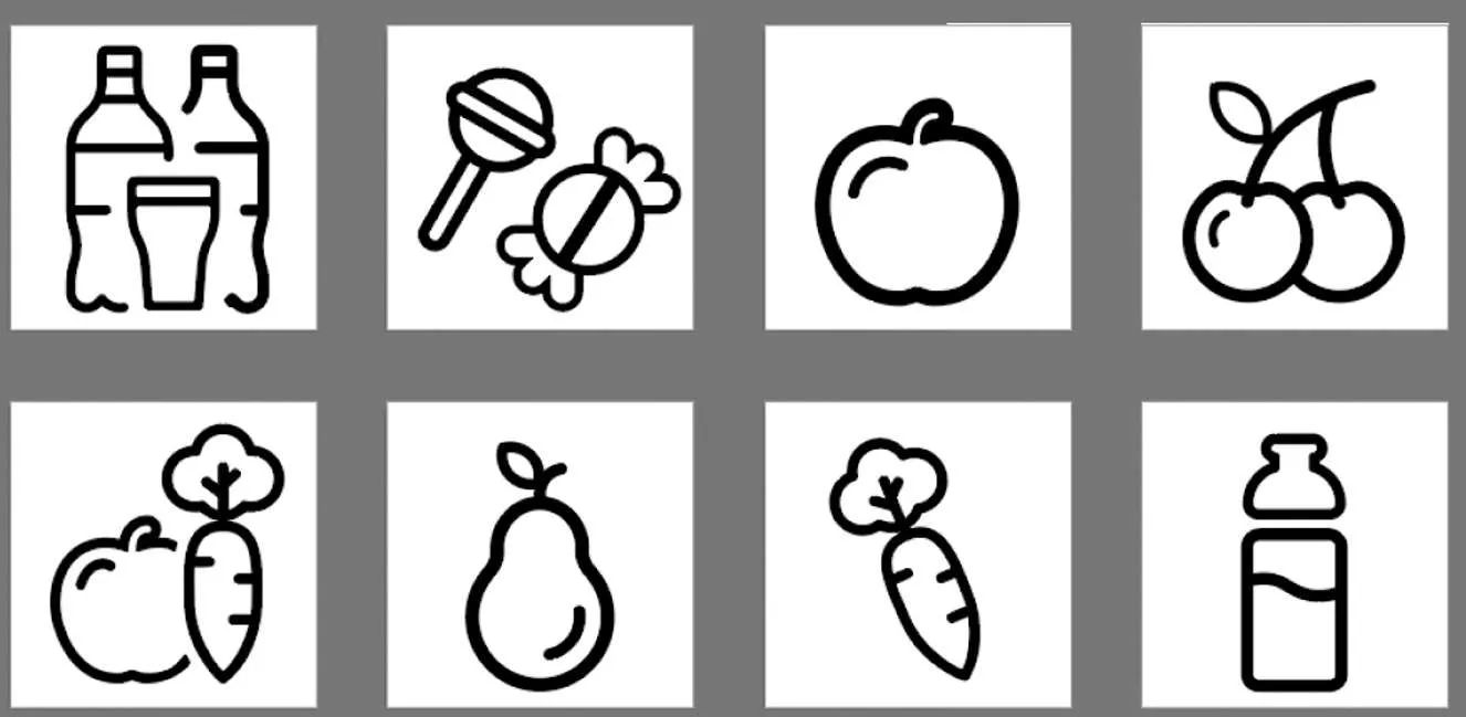 Grid of gamified line icons of snacks and drinks, including an apple, cherries, and a juice bottle