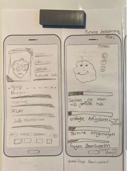 Hand-drawn phone wireframes sketched on a notebook page