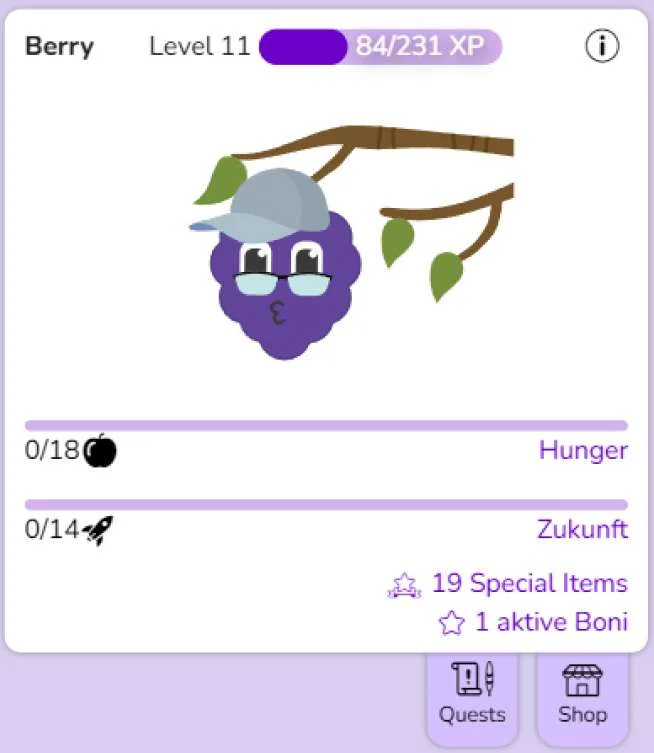 Playzone screen showing Berry, an XP bar, and hunger and future meters