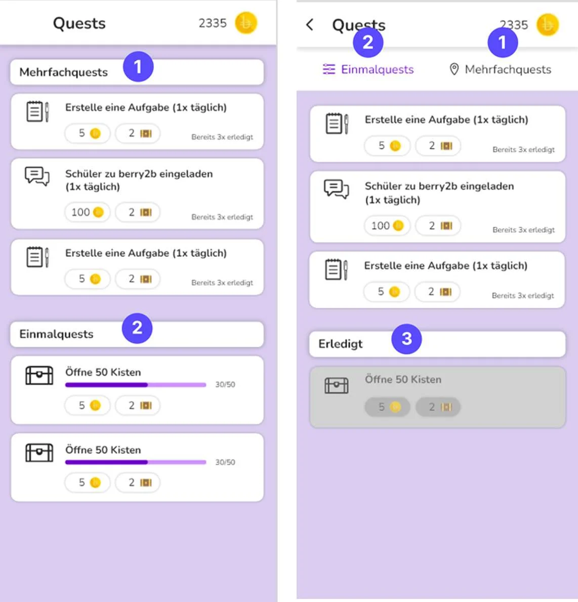 Two quest screen iterations listing repeatable, one-off, and done quests with coin and item rewards