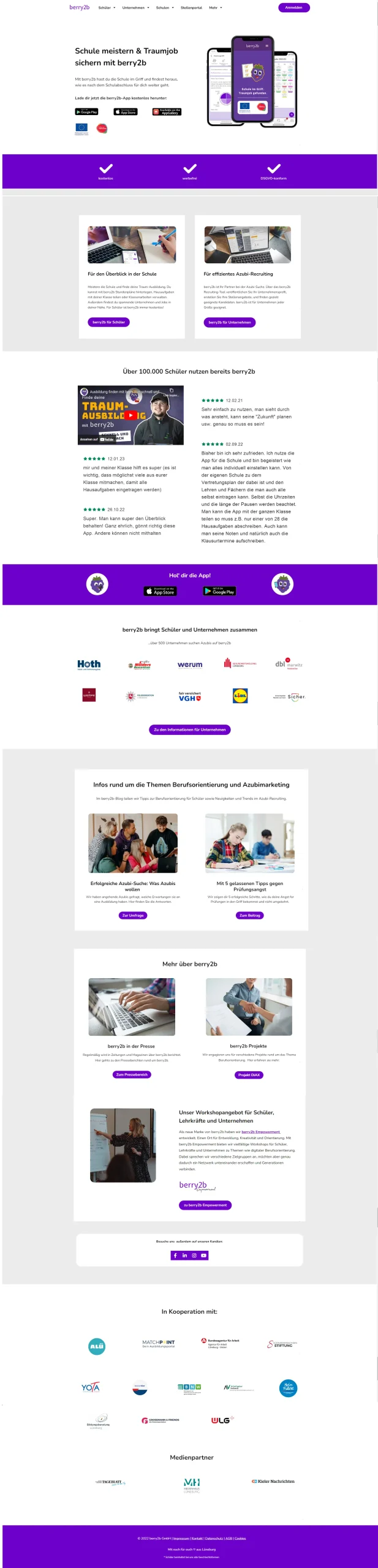 The old berry2b corporate homepage, a dense single page of app promotion, testimonials, and logos