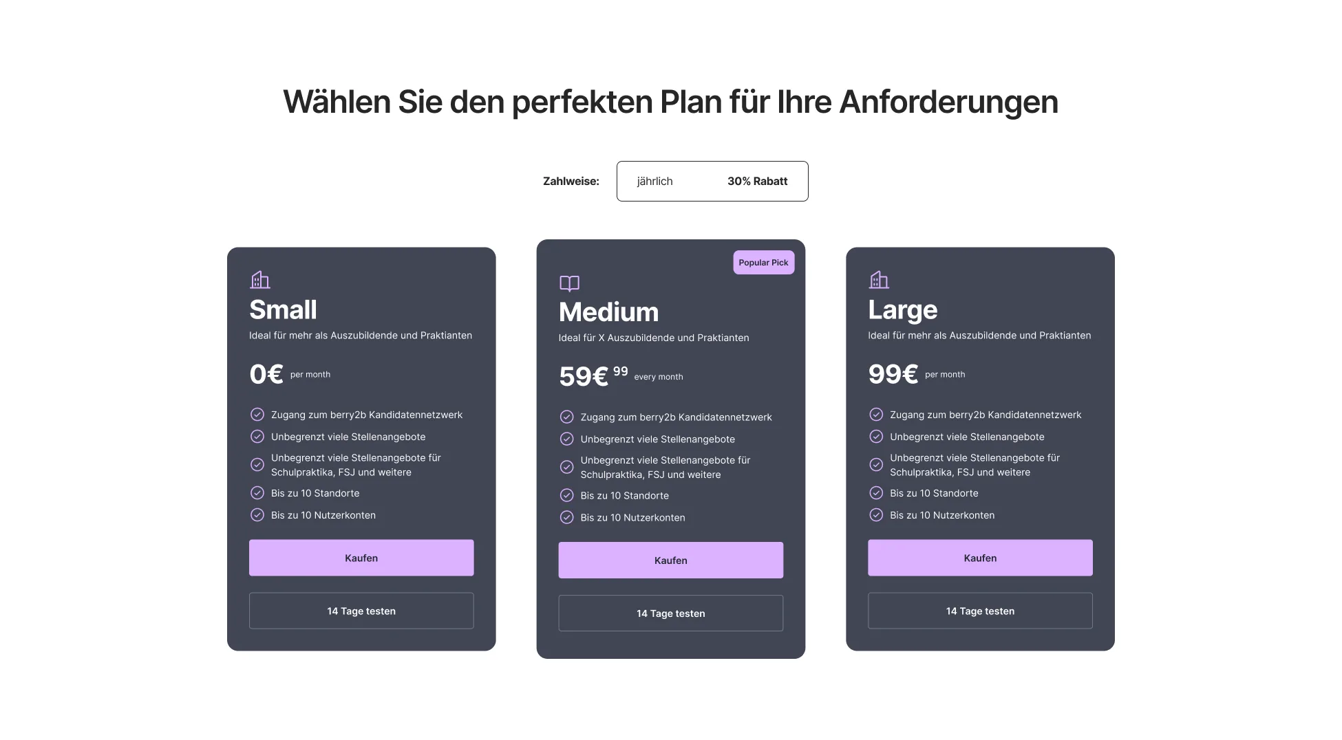 Redesigned pricing cards for the Small, Medium, and Large plans