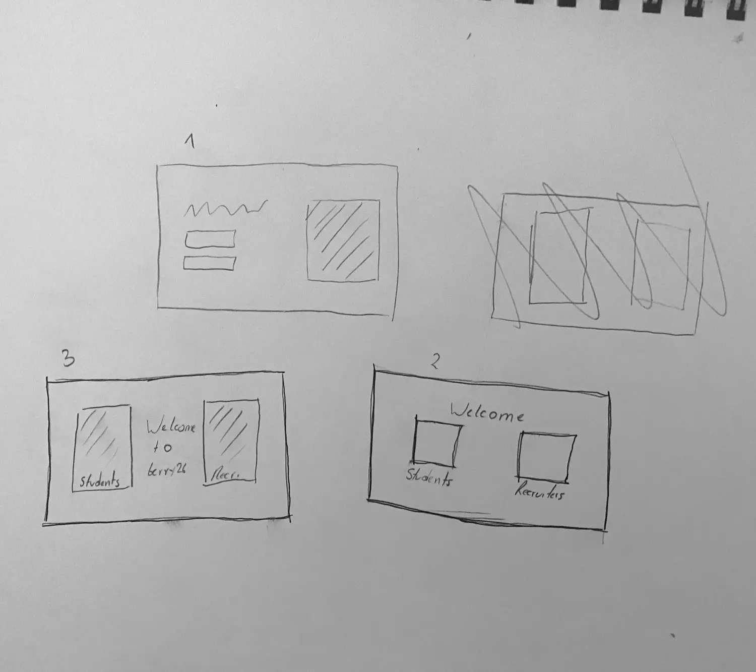 Pencil sketch of a homepage role selector with separate student and recruiter doorways
